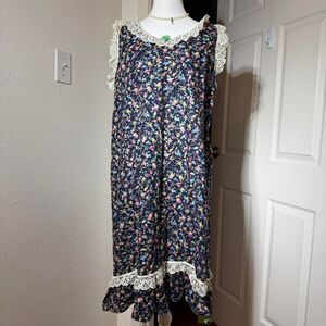 60s/70s VTG Handmade Calico Prairie Style Navy Floral Dress Lace Trim A Line LG